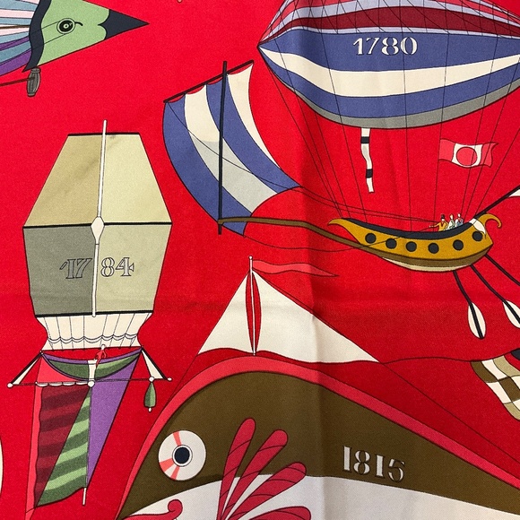 HERMES RED LES FOLIES DU CIEL PRINT SQUARE SILK TWILL SCARF - Picture 9 of 10